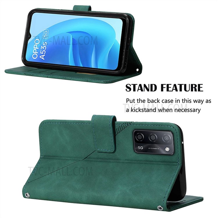 PB2 Series Stand Feature PU Leather Imprinting Lines Magnetic Clasp Wallet Phone Case Protector for Oppo A55 5G/A53s 5G/A54 4G/Realme V11 5G - Blackish Green-5