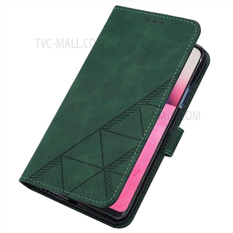 PB2 Series Stand Feature PU Leather Imprinting Lines Magnetic Clasp Wallet Phone Case Protector for Oppo A55 5G/A53s 5G/A54 4G/Realme V11 5G - Blackish Green-6