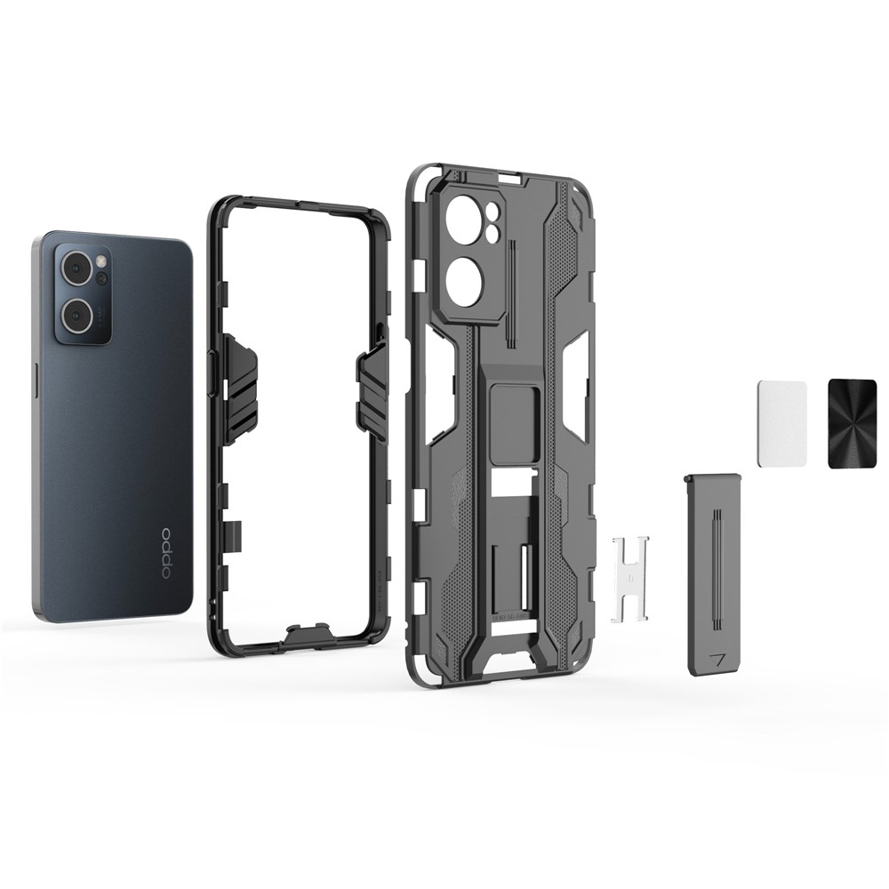 Dual-Layer PC + TPU Impact-Resistant Protective Case with Kickstand Holder for Oppo Reno7 5G - Black-7