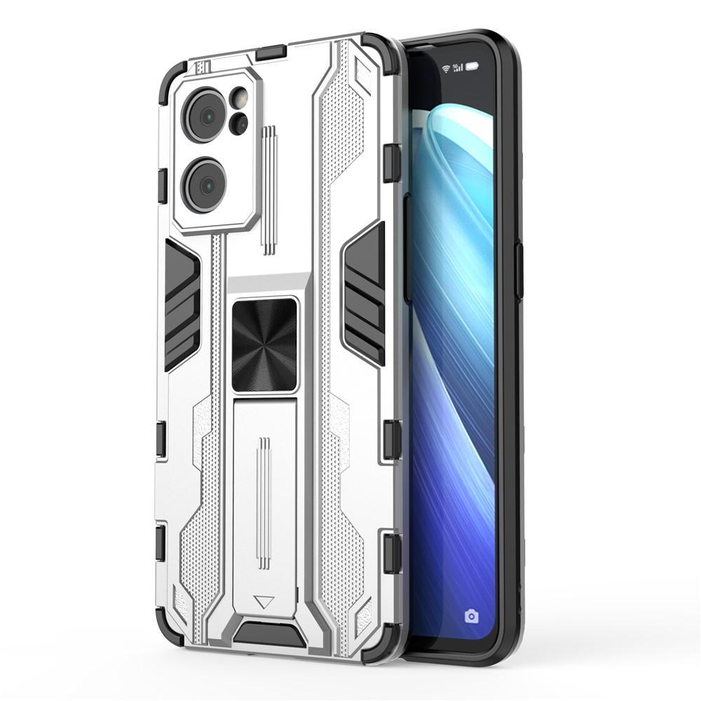 Dual-Layer PC + TPU Impact-Resistant Protective Case with Kickstand Holder for Oppo Reno7 5G - Silver-1
