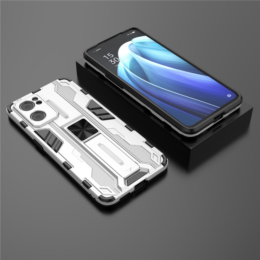 Dual-Layer PC + TPU Impact-Resistant Protective Case with Kickstand Holder for Oppo Reno7 5G - Silver-4