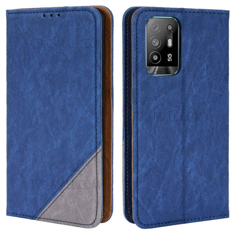 Color Splicing Fully Wrapped PU Leather Phone Case Wallet Phone Cover with Stand for Oppo F19 Pro+ 5G/A94 5G/A95 5G/Reno5 Z - Blue-1