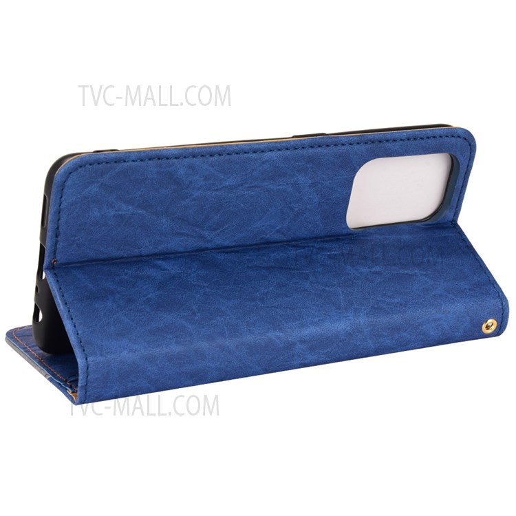 Color Splicing Fully Wrapped PU Leather Phone Case Wallet Phone Cover with Stand for Oppo F19 Pro+ 5G/A94 5G/A95 5G/Reno5 Z - Blue-4