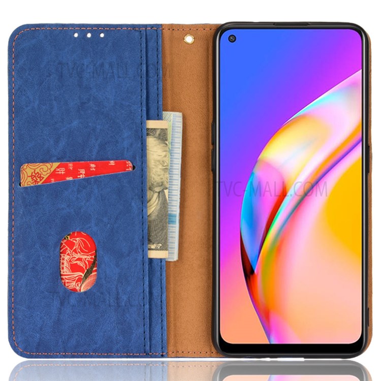 Color Splicing Fully Wrapped PU Leather Phone Case Wallet Phone Cover with Stand for Oppo F19 Pro+ 5G/A94 5G/A95 5G/Reno5 Z - Blue-5