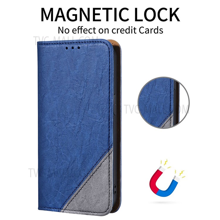Color Splicing Fully Wrapped PU Leather Phone Case Wallet Phone Cover with Stand for Oppo F19 Pro+ 5G/A94 5G/A95 5G/Reno5 Z - Blue-7