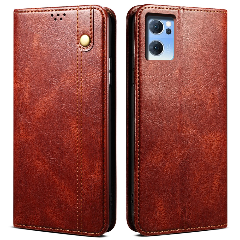 Crazy Horse Texture Waxy PU Leather Magnetic Absorption Wallet Stand Phone Case Cover Shell for Oppo Reno7 SE 5G - Brown-1