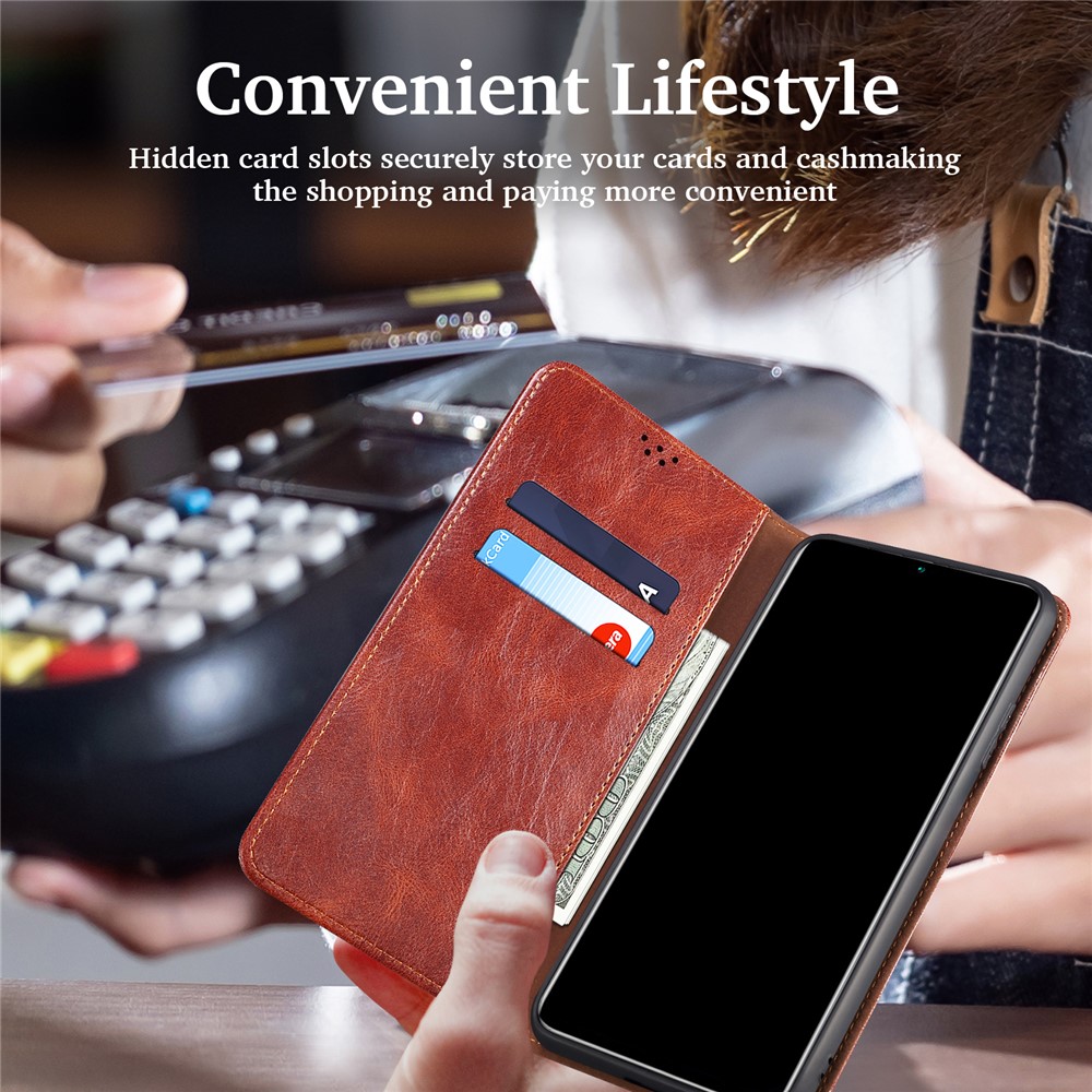 Crazy Horse Texture Waxy PU Leather Magnetic Absorption Wallet Stand Phone Case Cover Shell for Oppo Reno7 SE 5G - Brown-9
