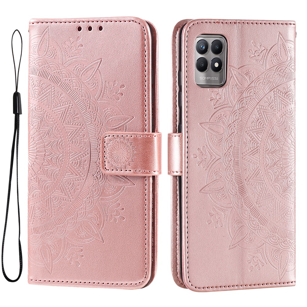 Mandala Flower Imprinted All-round Shockproof Stand Wallet Leather Phone Case Shell for Realme 8i - Rose Gold-1