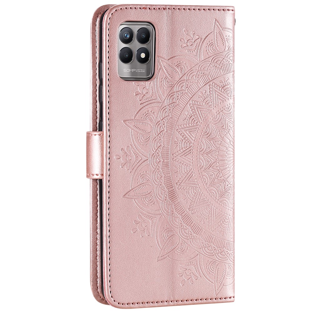 Mandala Flower Imprinted All-round Shockproof Stand Wallet Leather Phone Case Shell for Realme 8i - Rose Gold-3