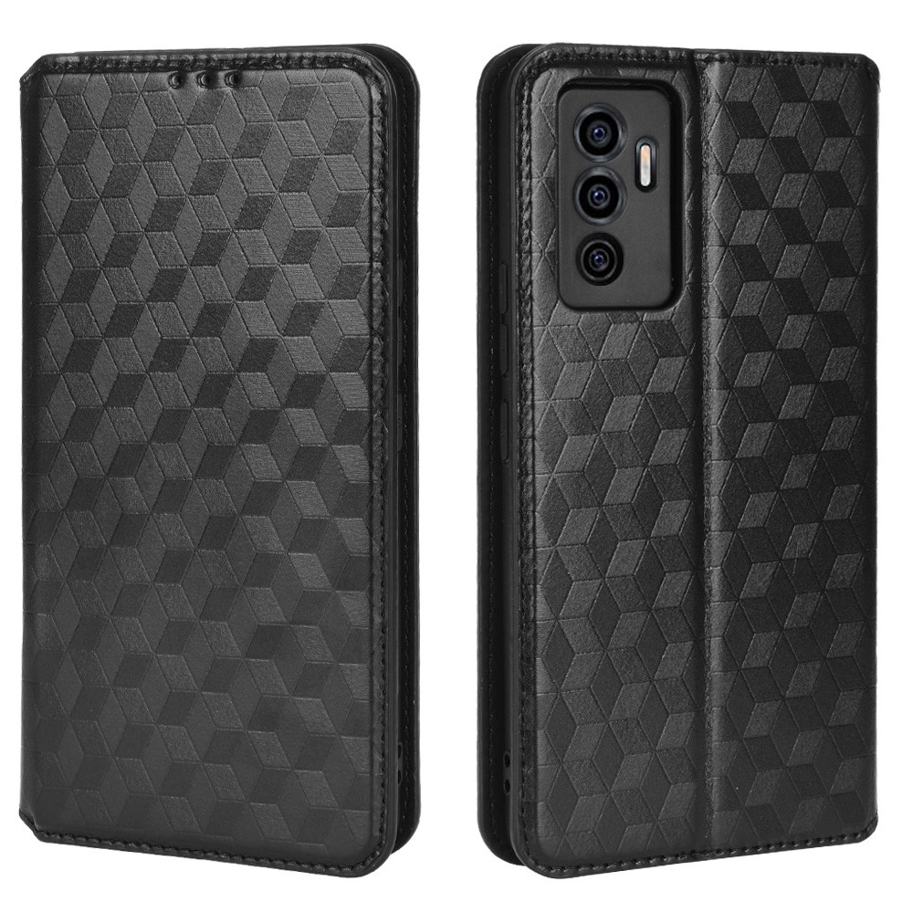 For vivo S10e / V23e 5G / V23e 4G Rhombus Pattern Imprinted Cell Phone Case PU Leather + TPU Protective Cover with Stand Wallet - Black-1