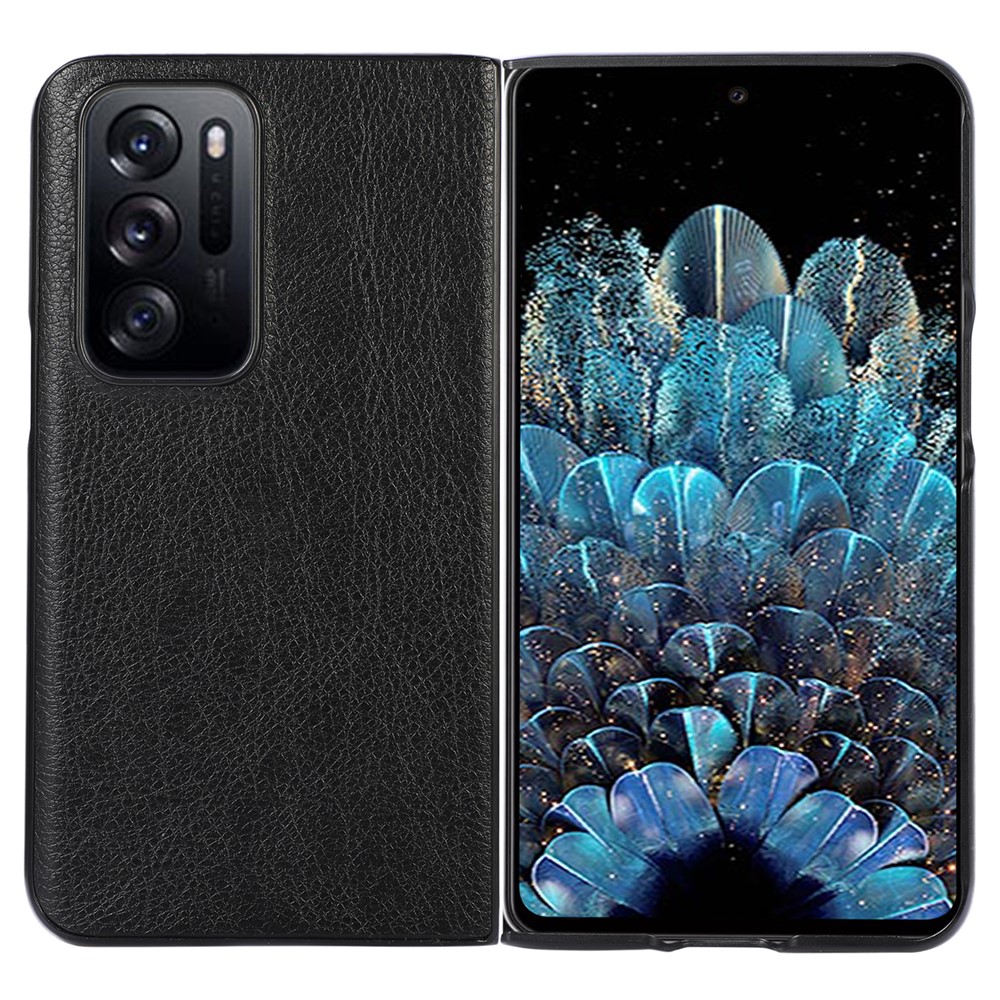 Litchi Texture Mobile Phone Case PU Leather Coated PC Hybrid Phone Cover for Oppo Find N - Black-1