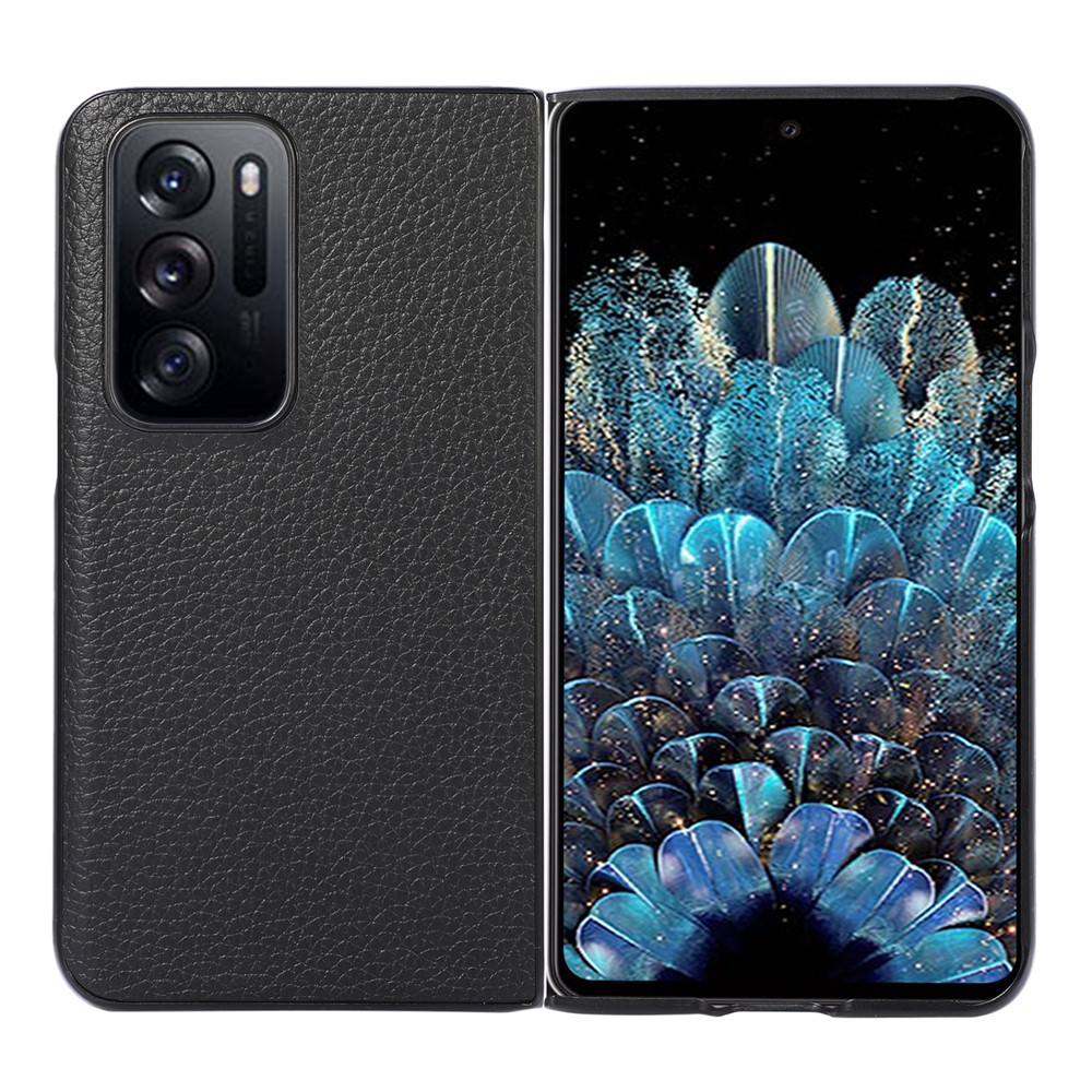 Litchi Texture Mobile Phone Case Genuine Leather Coated PC Hybrid Phone Cover for Oppo Find N - Black-1