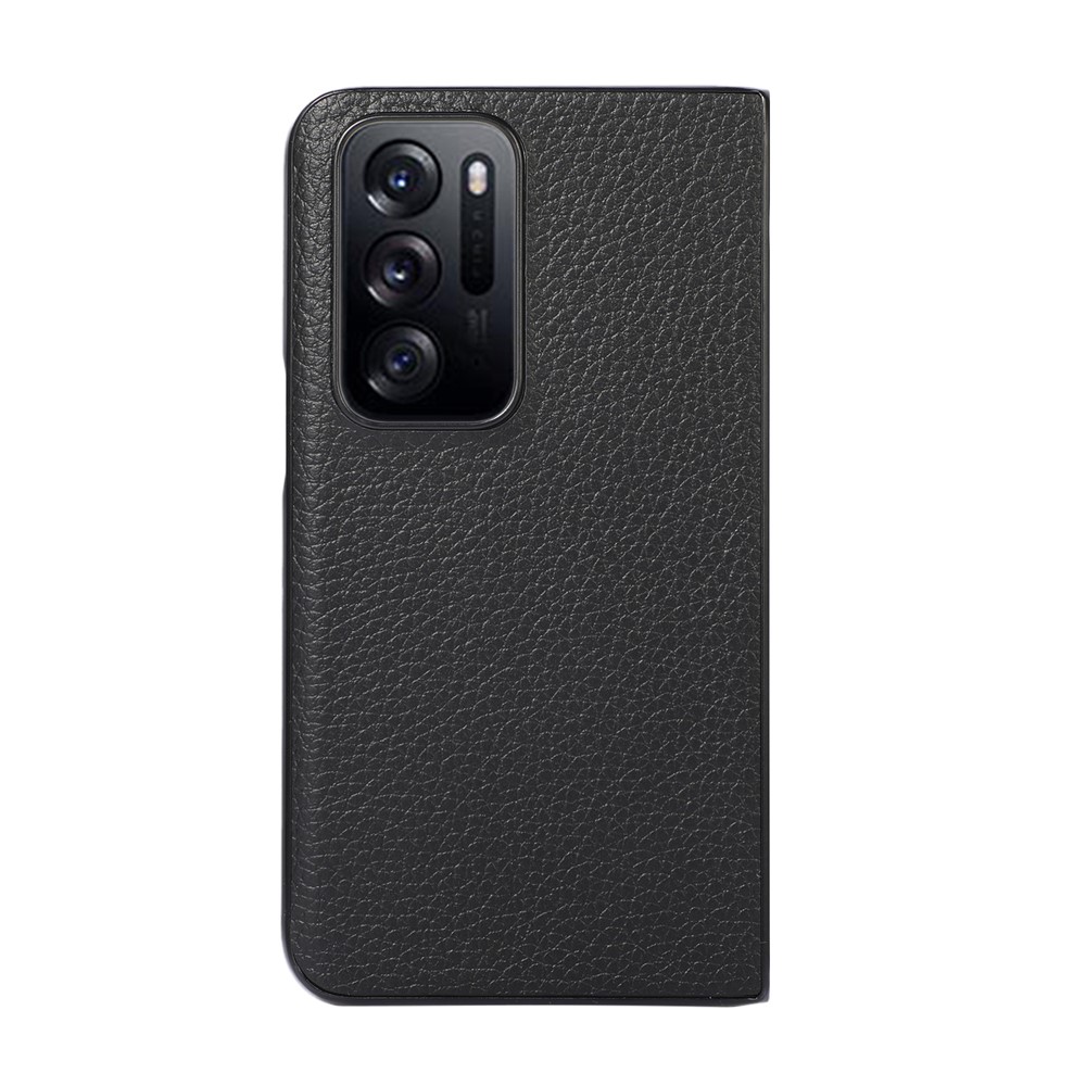 Litchi Texture Mobile Phone Case Genuine Leather Coated PC Hybrid Phone Cover for Oppo Find N - Black-2