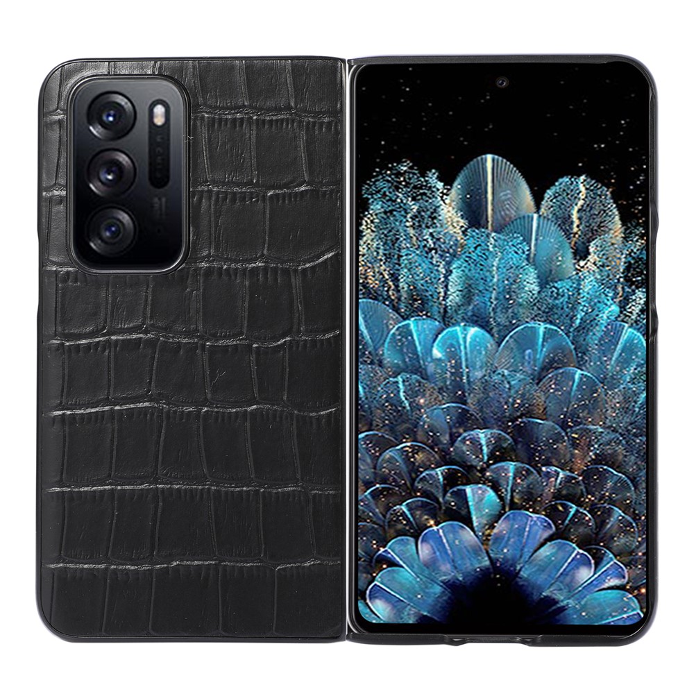 Genuine Leather Coating PC Anti-fall Cover Crocodile Texture Anti-scratch Cell Phone Case for Oppo Find N - Black-1