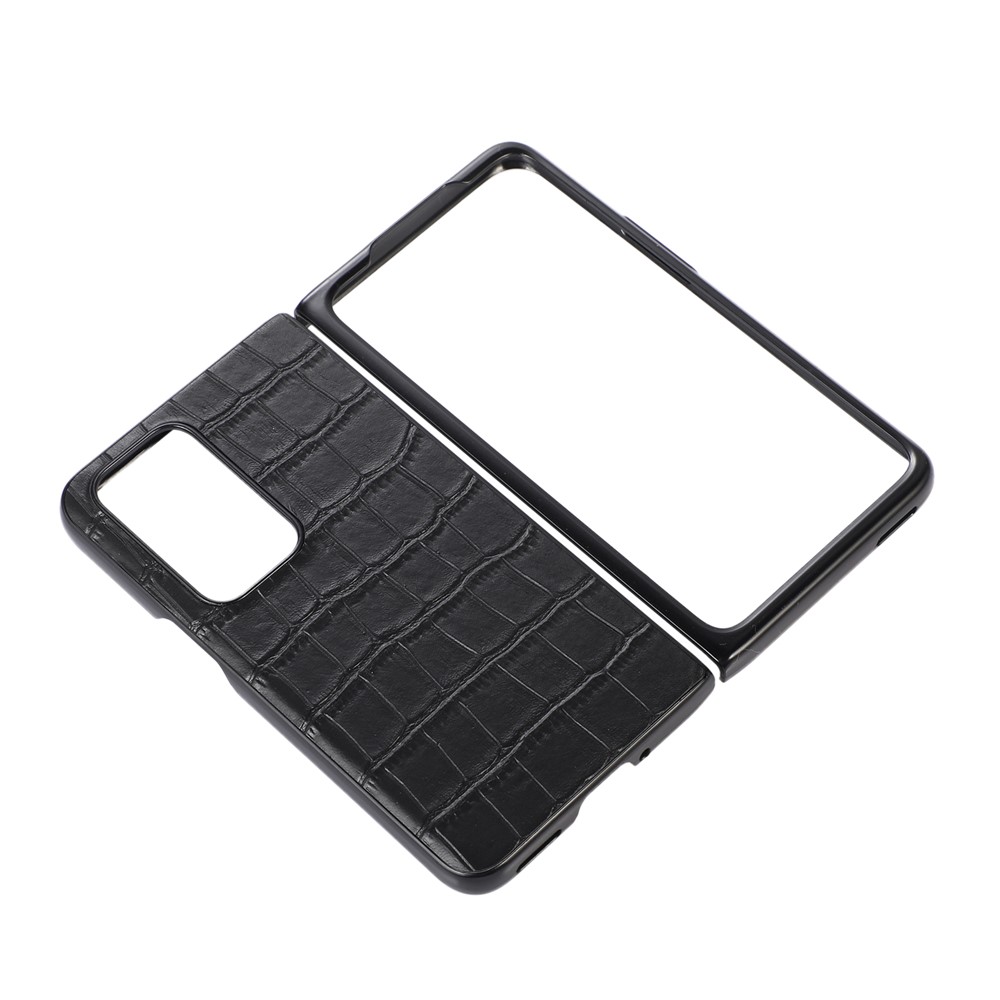 Genuine Leather Coating PC Anti-fall Cover Crocodile Texture Anti-scratch Cell Phone Case for Oppo Find N - Black-4