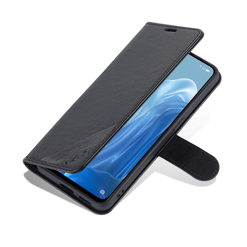 AZNS Magnetic Textured PU Leather Phone Case Soft TPU Stand Flip Wallet Cover for Oppo Reno7 5G - Black-7