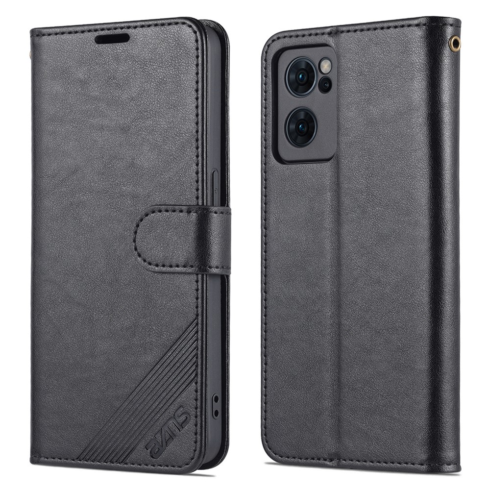 AZNS Textured PU Leather Flip Folio Book Stand Phone Case TPU Shockproof Folio Cover with Wallet for Oppo Reno7 SE 5G - Black-1
