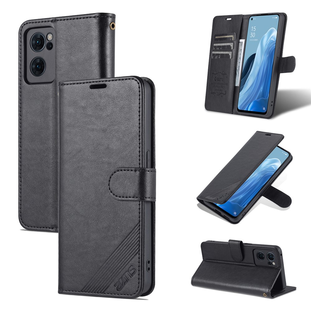 AZNS Textured PU Leather Flip Folio Book Stand Phone Case TPU Shockproof Folio Cover with Wallet for Oppo Reno7 SE 5G - Black-10