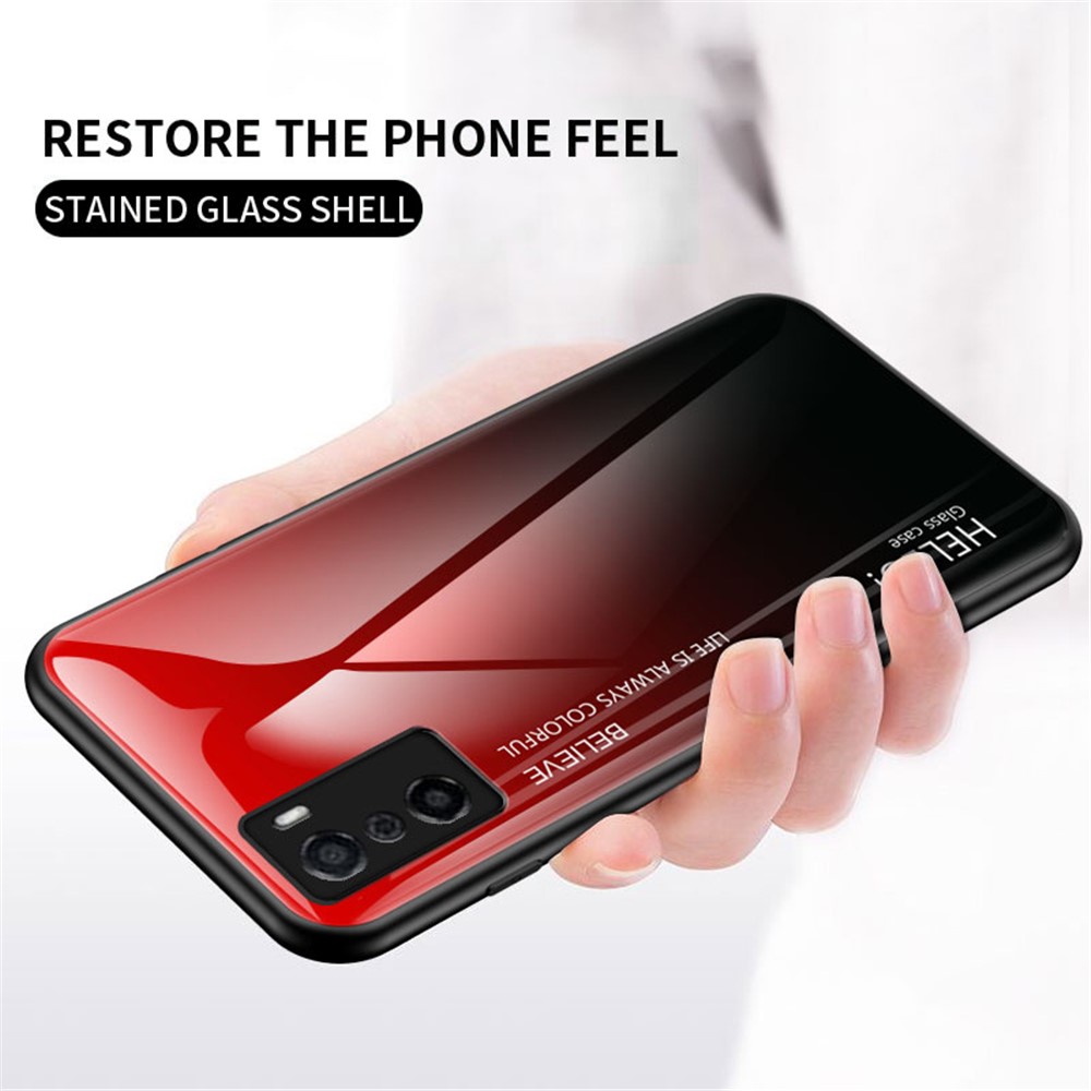 Anti-Scratch Clear Gradient Tempered Glass + PC Back + TPU Frame Protection Phone Case for OPPO A55s - Gradient Red Black-3