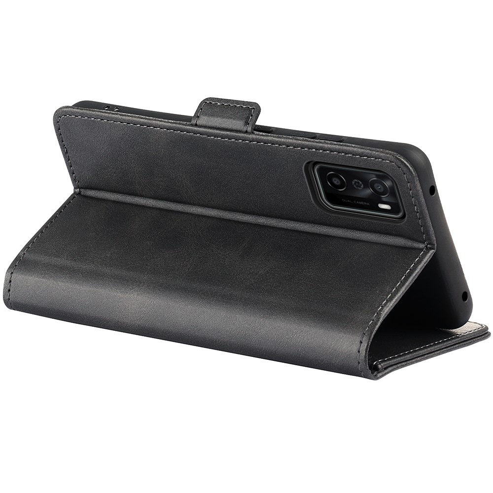 Folding Stand Textured PU Leather Wallet Flip Cover TPU Inner Shell with Magnetic Double Clasps for OPPO A55s 5G - Black-6