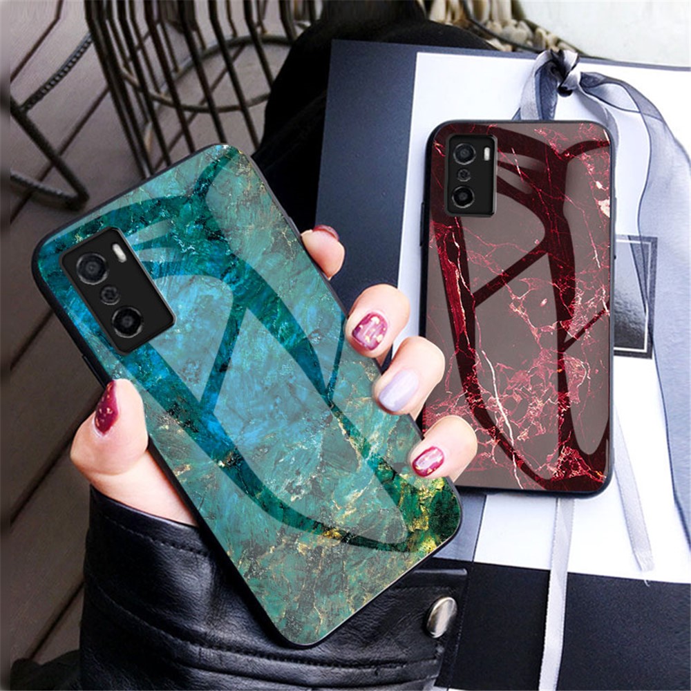 Marble Pattern Tempered Glass + PC + TPU Shock Absorbing Ultra Slim Phone Case for Oppo A55s - Blood Red Marble-5