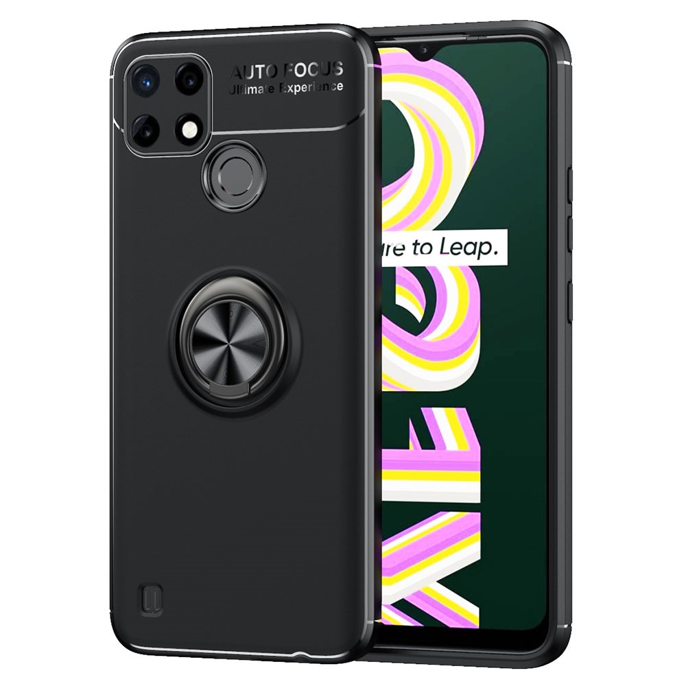 Soft TPU Phone Case Bag Ring Kickstand Anti-Fingerprint Shockproof Back Phone Cover for Realme C21Y - Black-1