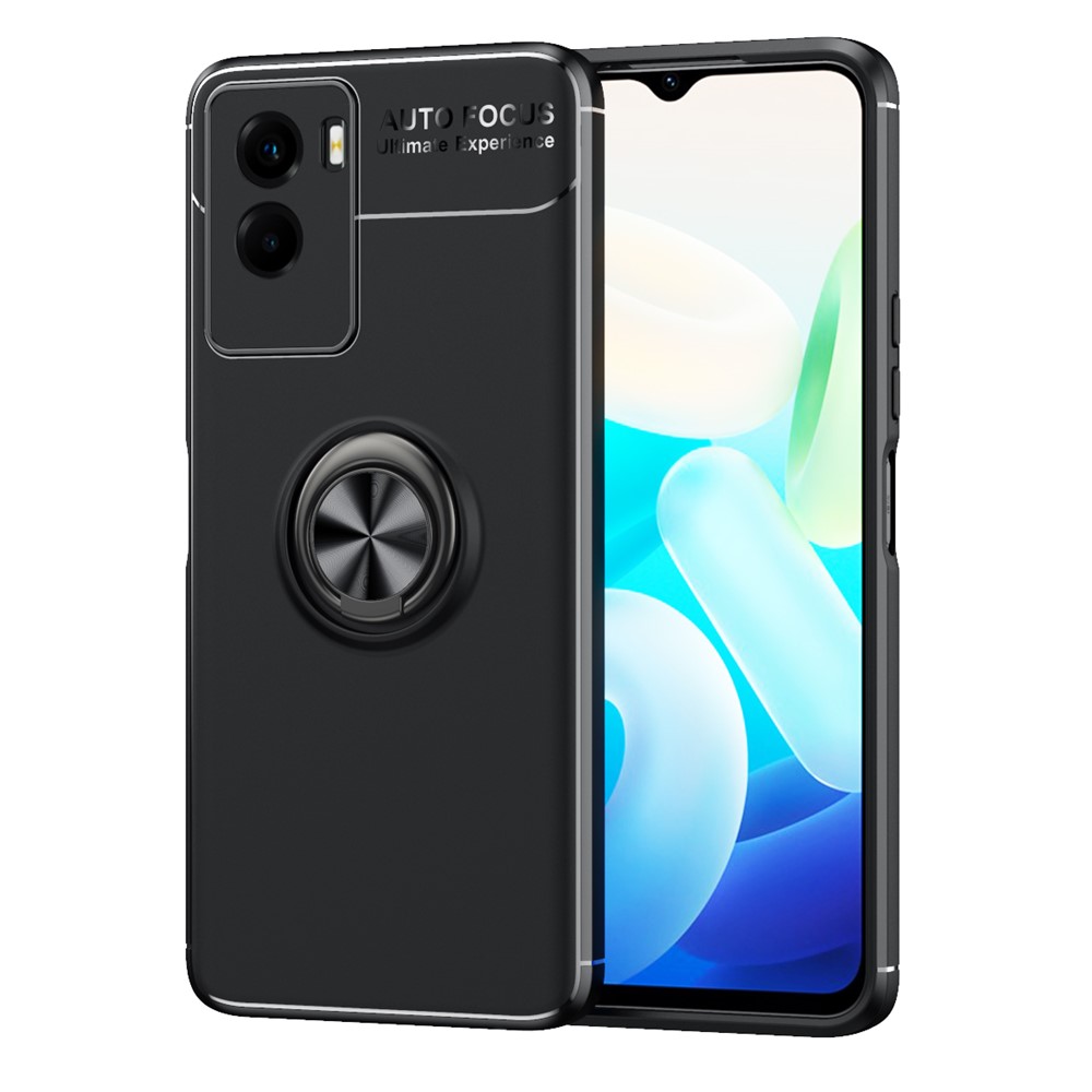 Ring Kickstand Anti-Fingerprint Shockproof Soft TPU Frost Back Phone Cover for vivo Y55s 5G - Black-1