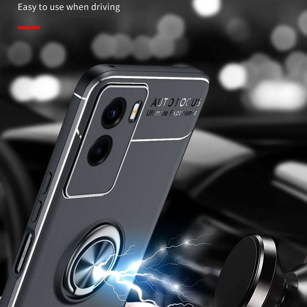 Ring Kickstand Anti-Fingerprint Shockproof Soft TPU Frost Back Phone Cover for vivo Y55s 5G - Black-6