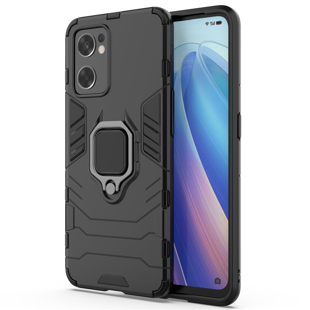Ring Kickstand Sturdy Anti-Shock Flexible TPU + Hard PC Back Cover for Oppo Reno7 SE 5G - Black-2