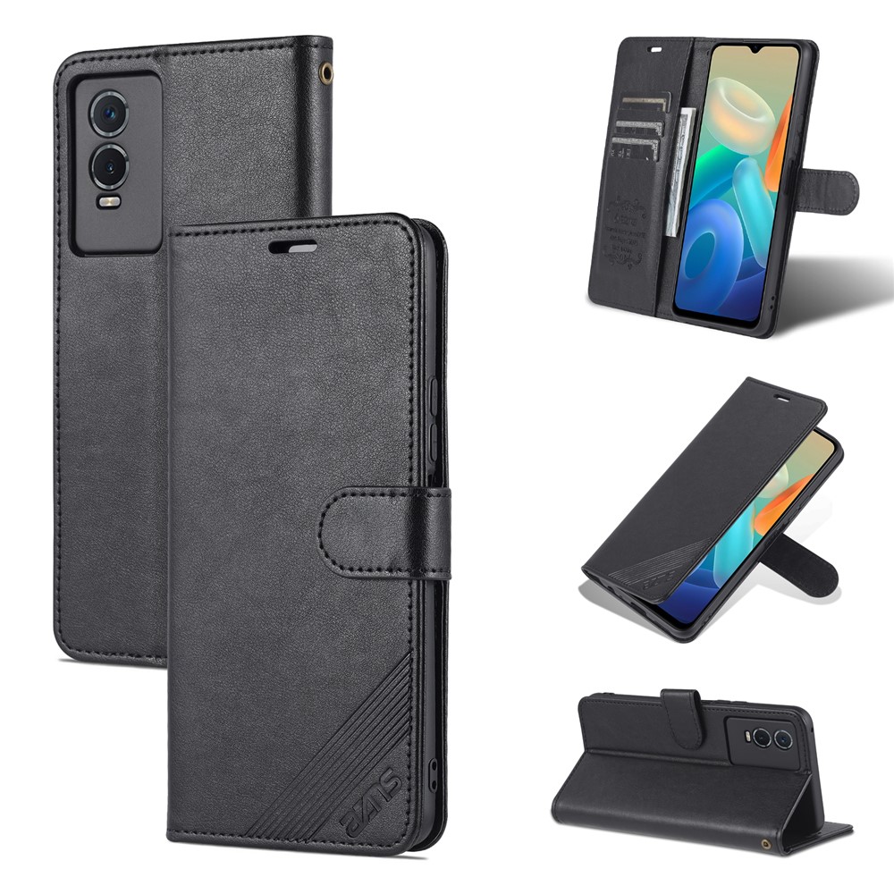 AZNS Textured PU Leather Protective Folio Flip Case Wallet Stand Inner TPU Phone Cover for vivo Y76s / Y74s - Black-10