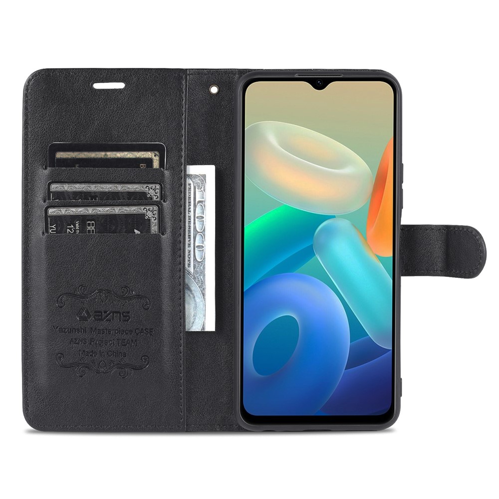 AZNS Textured PU Leather Protective Folio Flip Case Wallet Stand Inner TPU Phone Cover for vivo Y76s / Y74s - Black-5