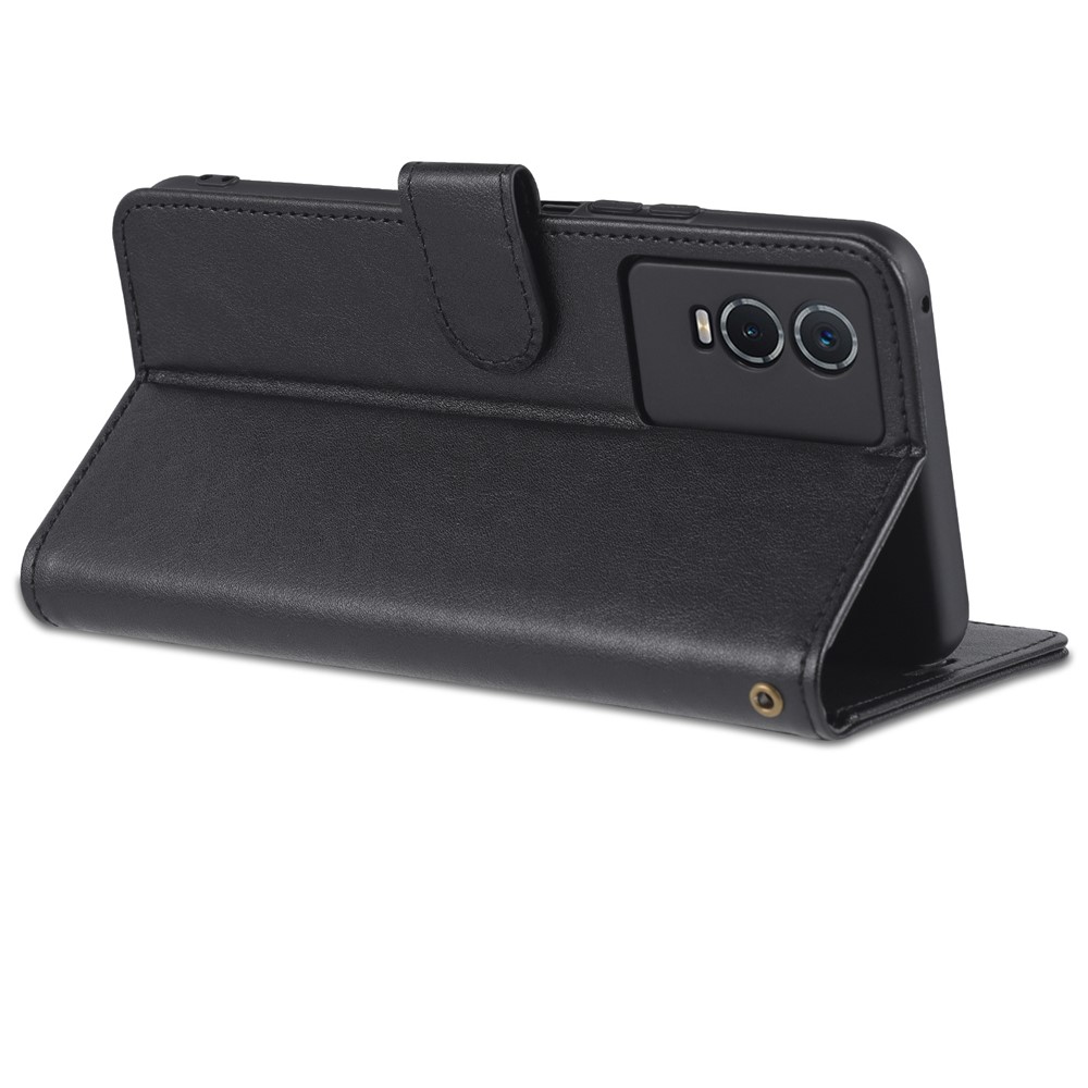 AZNS Textured PU Leather Protective Folio Flip Case Wallet Stand Inner TPU Phone Cover for vivo Y76s / Y74s - Black-8