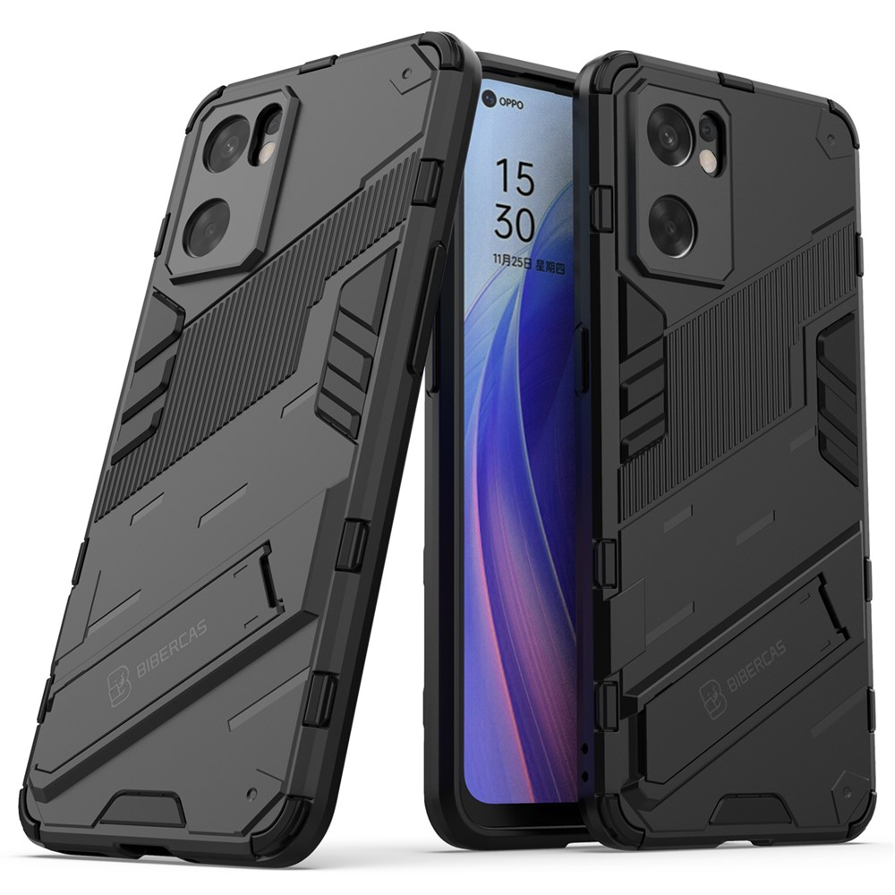 Kickstand 2-in-1 Hard PC Soft TPU Hybrid Protective Shockproof Anti-Scratch Phone Cover for Oppo Reno7 SE 5G - Black-1