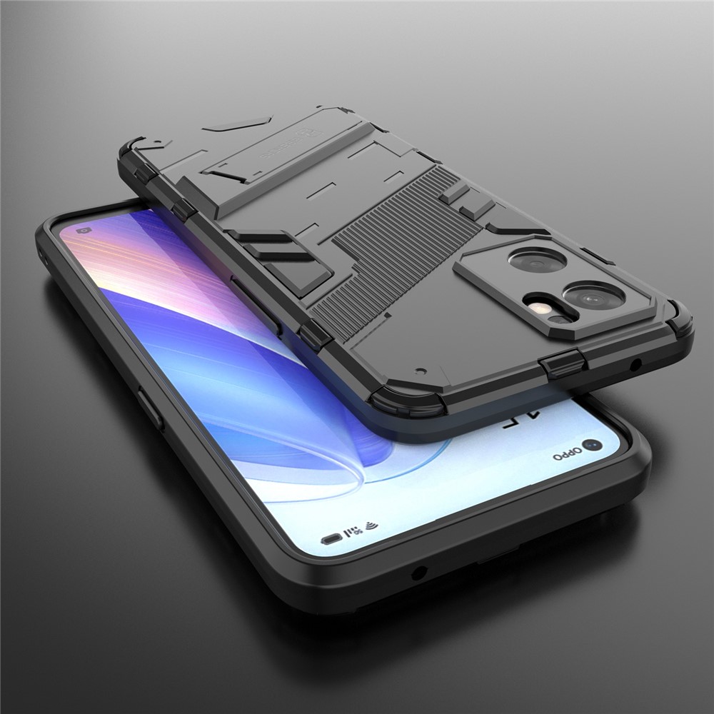 Kickstand 2-in-1 Hard PC Soft TPU Hybrid Protective Shockproof Anti-Scratch Phone Cover for Oppo Reno7 SE 5G - Black-7