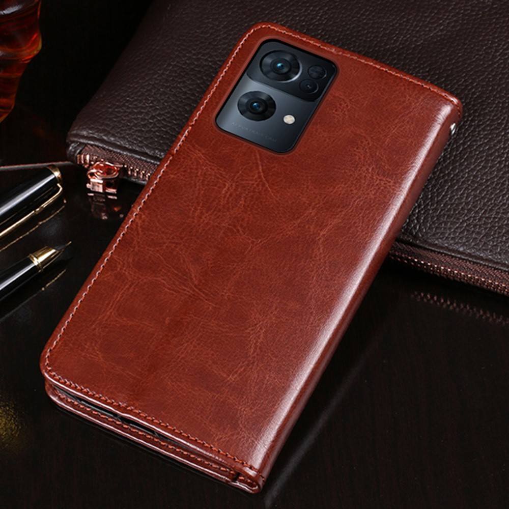 IDEWEI Para Oppo Reno7 Pro 5G Crazy Horse Texture Cover PU Leather + TPU Stand Billet Case - Marrón-3