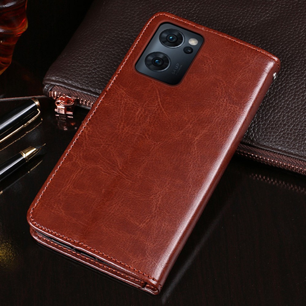 IDEWEI For Oppo Reno7 5G Leather Case Crazy Horse Texture Foldable Stand Wallet Full Protection Phone Cover - Brown-3