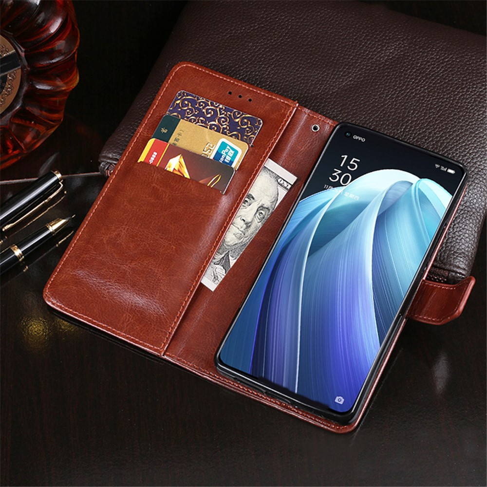 IDEWEI For Oppo Reno7 5G Leather Case Crazy Horse Texture Foldable Stand Wallet Full Protection Phone Cover - Brown-5