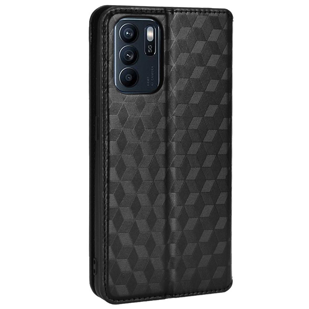 Imprimindo Estojo de Couro de Rhombus 3D Para Oppo Reno6 Z Magnético Automaticamente Absorvido na Carteira de Suporte - Preto