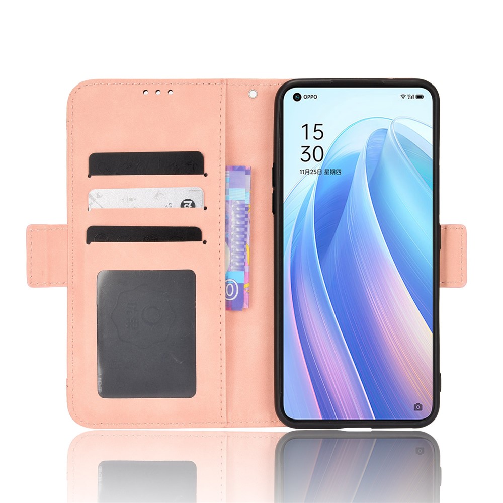 For Oppo Reno7 5G Wallet Front Card Slot Anti-drop PU Leather + TPU Phone Cover with Stand - Pink-4
