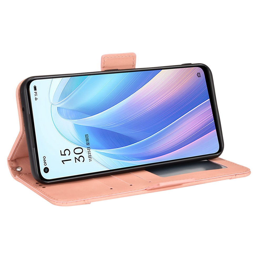 For Oppo Reno7 5G Wallet Front Card Slot Anti-drop PU Leather + TPU Phone Cover with Stand - Pink-5