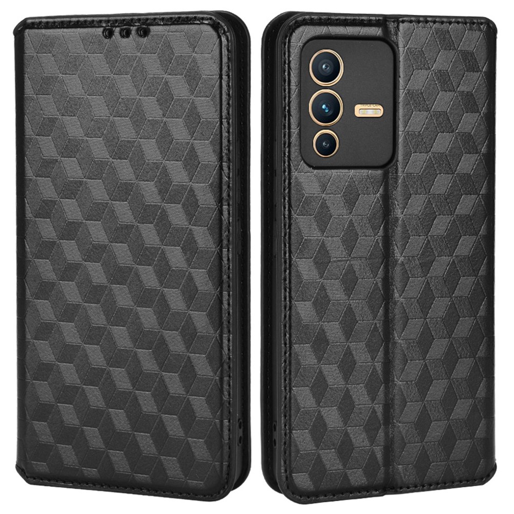 For vivo S12/V23 Anti-drop Rhombus Imprinted Phone Case Well-protected PU Leather + TPU Stand Wallet Cover - Black-1