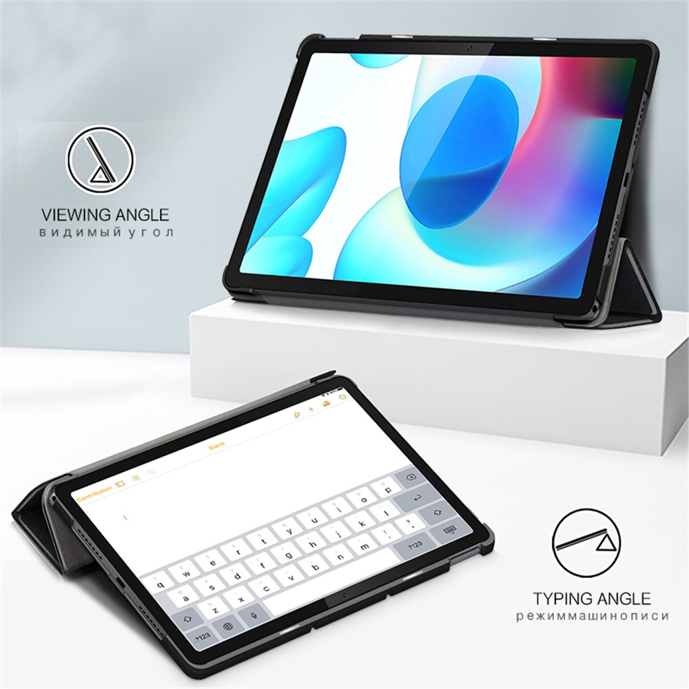 JIUYU PU Leather+PC Tri-fold Stand Drop-proof Tablet Case Shell for Realme Pad - Black-4