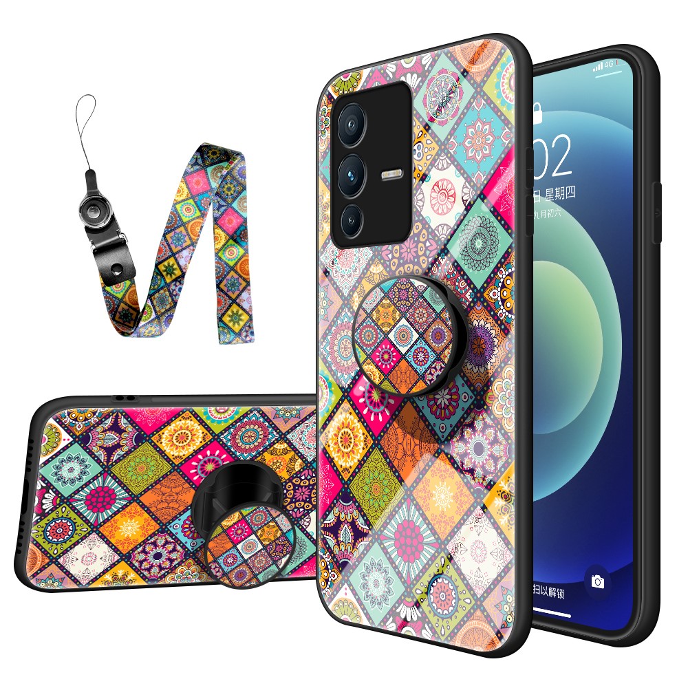 For vivo S12 / V23 5G Kickstand Flower Pattern Anti-Scratch Tempered Glass + PC Back + TPU Bumper Shockproof Case with Lanyard - Color Pattern-1