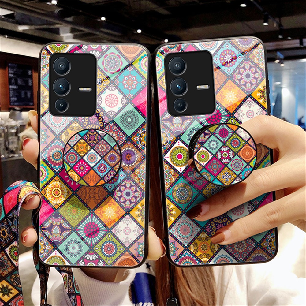 For vivo S12 / V23 5G Kickstand Flower Pattern Anti-Scratch Tempered Glass + PC Back + TPU Bumper Shockproof Case with Lanyard - Color Pattern-10