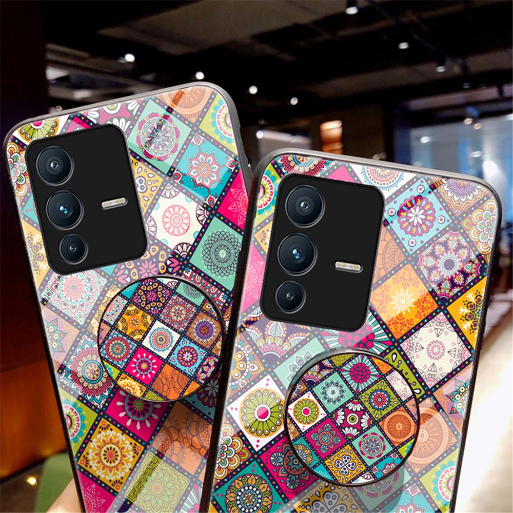 For vivo S12 / V23 5G Kickstand Flower Pattern Anti-Scratch Tempered Glass + PC Back + TPU Bumper Shockproof Case with Lanyard - Color Pattern-11