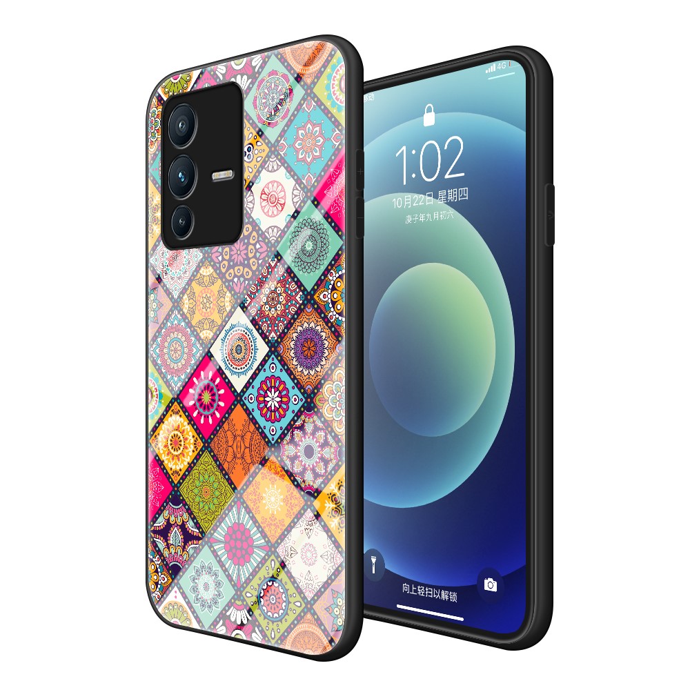 For vivo S12 / V23 5G Kickstand Flower Pattern Anti-Scratch Tempered Glass + PC Back + TPU Bumper Shockproof Case with Lanyard - Color Pattern-2