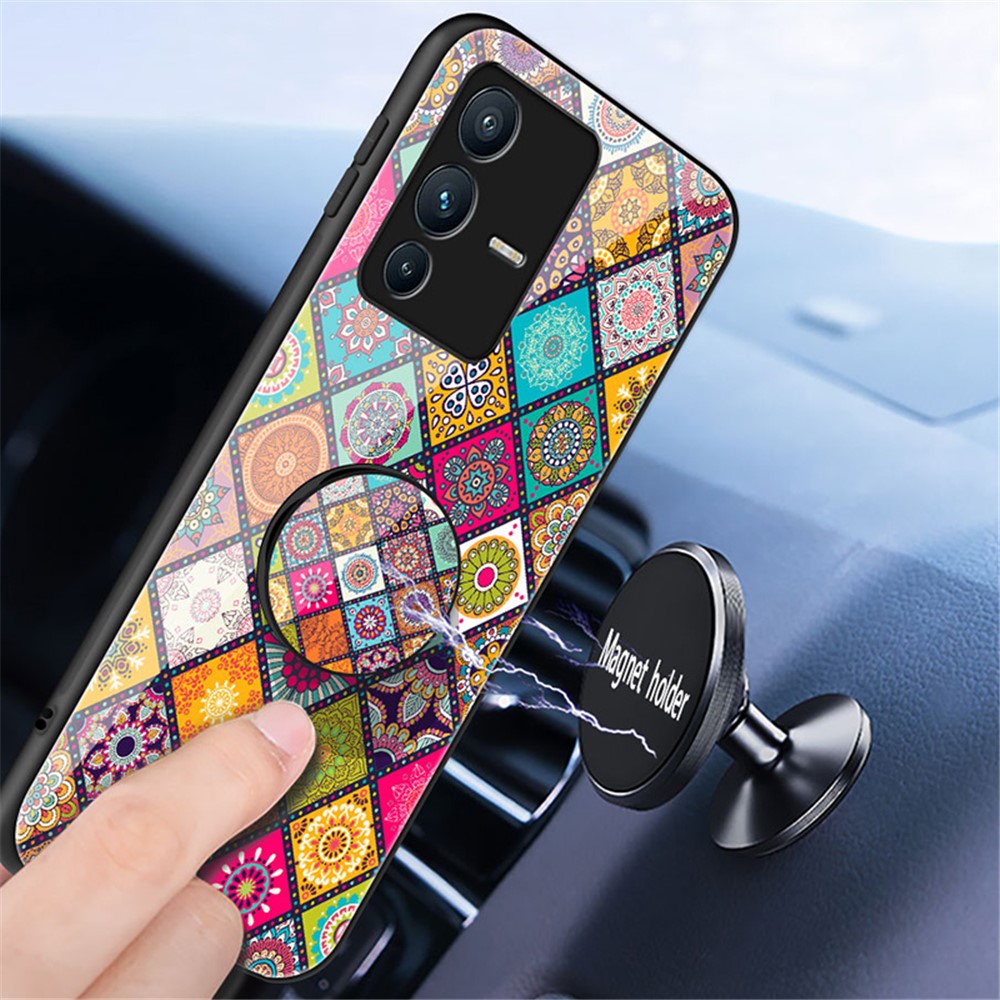 For vivo S12 / V23 5G Kickstand Flower Pattern Anti-Scratch Tempered Glass + PC Back + TPU Bumper Shockproof Case with Lanyard - Color Pattern-5