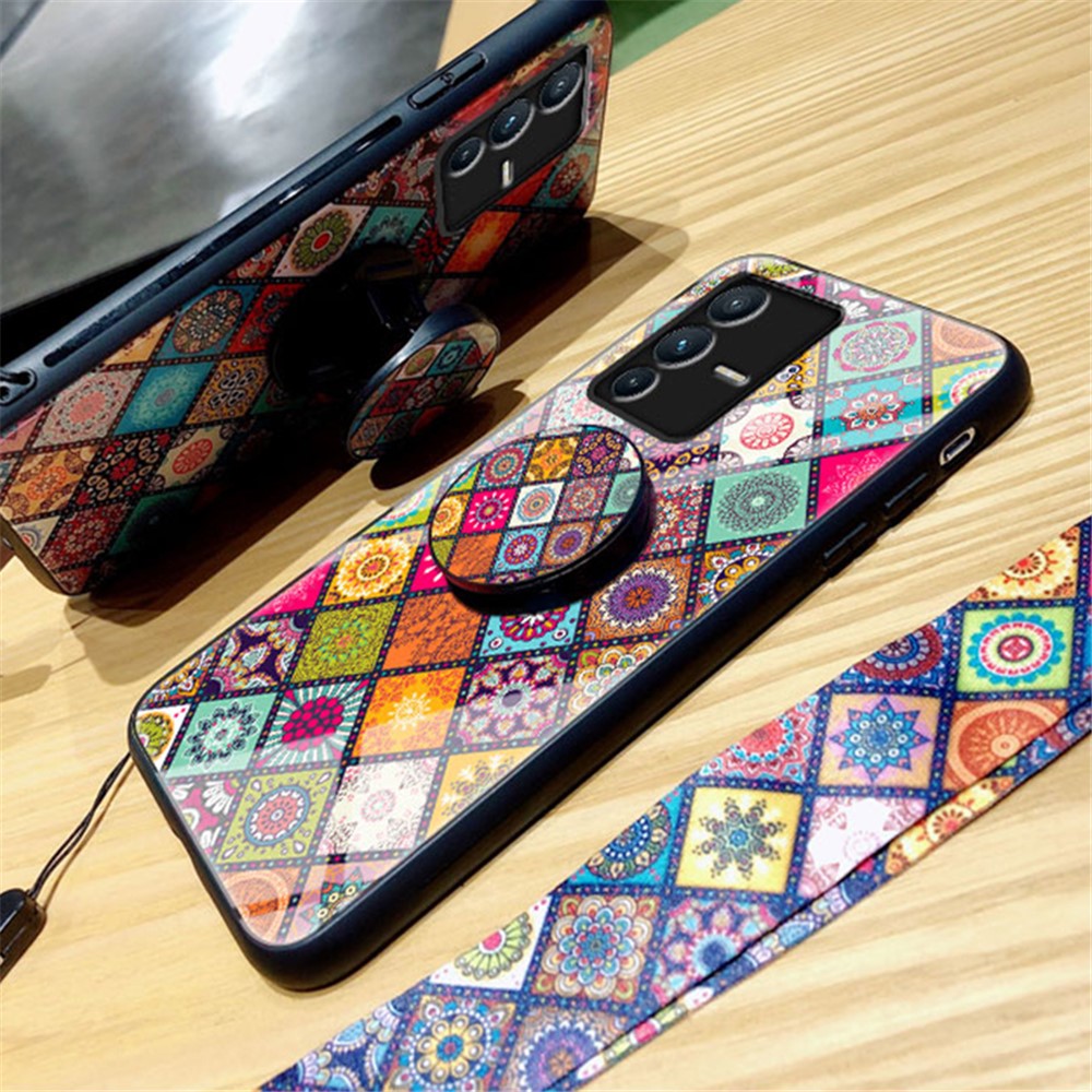 For vivo S12 / V23 5G Kickstand Flower Pattern Anti-Scratch Tempered Glass + PC Back + TPU Bumper Shockproof Case with Lanyard - Color Pattern-7