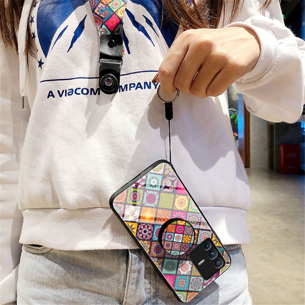 For vivo S12 / V23 5G Kickstand Flower Pattern Anti-Scratch Tempered Glass + PC Back + TPU Bumper Shockproof Case with Lanyard - Color Pattern-9