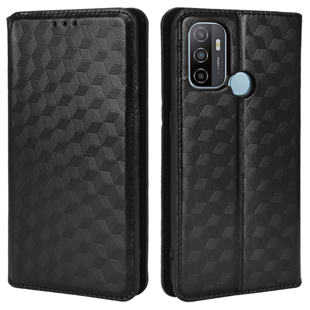 For Oppo A53 4G (2020) / A32 (2020) / A53s / A33 (2020) Rhombus Imprinted PU Leather Wallet Case Stand Magnetic Absorption Book Phone Cover - Black-1